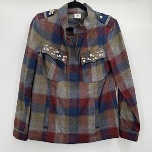 Cabi Jacket Womens Small Multicolor Plaid Pearl Embellished Military Zip Utility